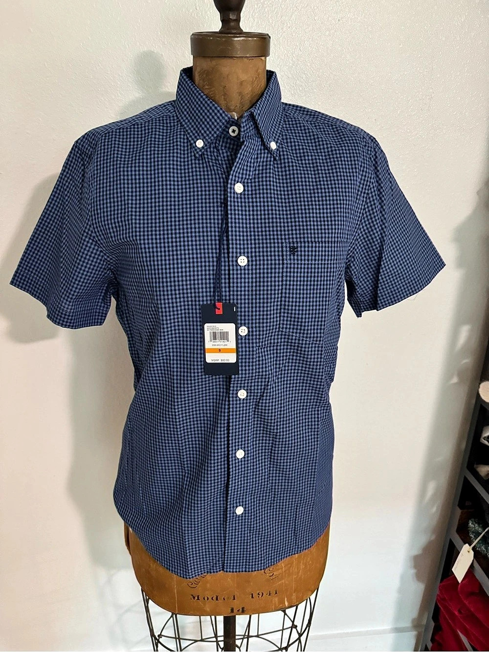 NWT Izod Blue Gingham Short Sleeve Button Down Shirt Size S